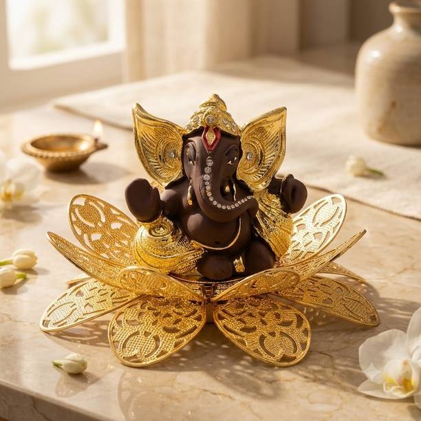 Cherry Chime Gold Plated Ganesh Idol with Box Ganpati Murti for Pooja Home Decor Diwali Gift Decorative Showpiece  -  10 cm