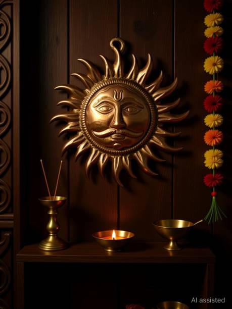 Vaasturemedy Metal Copper Sun Face God Wall Hanging for Home Vastu || Shri Surya Narayan Decorative Showpiece  -  15 cm