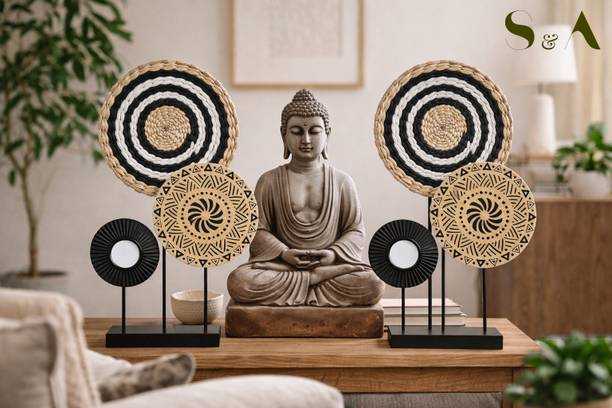Zoonior Pack of 2 Handcrafted Knitted Art & Wood Mandala, 44cm Height Decor Set Decorative Showpiece - 44 cm