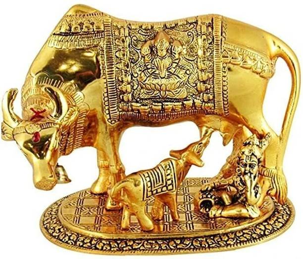 LABHCART Metal Krishna With Religious Kamdhenu Cow with Calf Handmade Handicraft Decorative Showpiece  -  17 cm