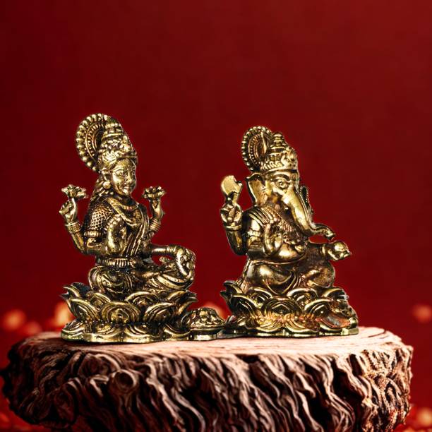 Craftcart Lakshmi Ganesh Brass Idol Pair | Lightweight | 100% Pure Brass | Decorative Showpiece  -  4 cm