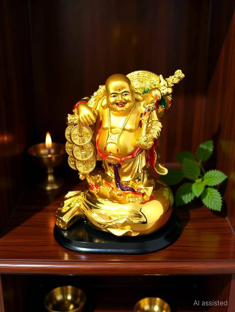 Ripe India Laughing Buddha Coin Chain Big Size 19 cm for Wealth for Money For Success Decorative Showpiece  -  19 cm