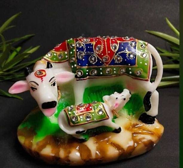 Bhavya Store Right Corner Kamdhenu Cow and Calf Handcrafted Statue Multicolour. Decorative Showpiece  -  7 cm