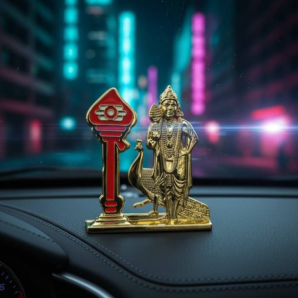 Elanora Jewels Lord Murugan Metal Showpiece with Vel & Peacock for Car Dashboard & Home Decor Decorative Showpiece  -  6.5 cm