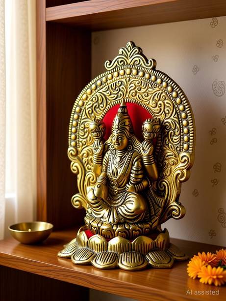 DreamKraft Lakshmi in Metal Carving Around it Seated on Lotus Decorative Showpiece  -  20 cm