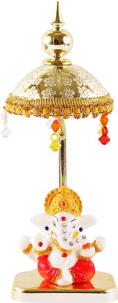 jagriti enterprise Ganesh Ji Idol Statue for Car Dashboard with gold Umbrella office /study room Decorative Showpiece  -  20 cm