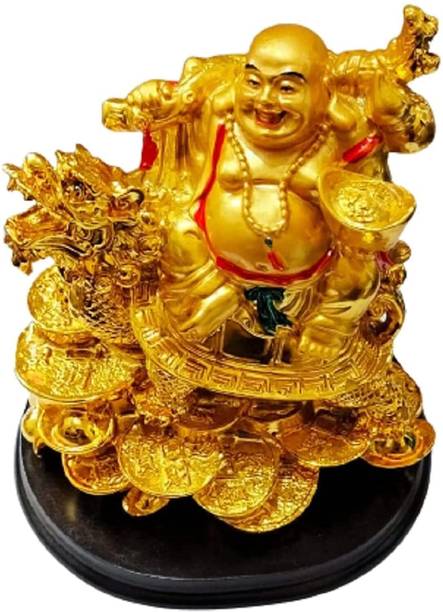 Handcrafted Laughing Buddha on Dragon Tortoise for Health, Wealth & Prosperity Decorative Showpiece  -  7 cm