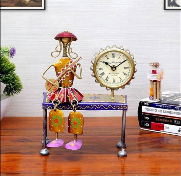 ROYALCRAFTS Multicolour Metal Wall Hanging Musician Lady with Clock,Wall Hanging Clock Decorative Showpiece  -  18 cm