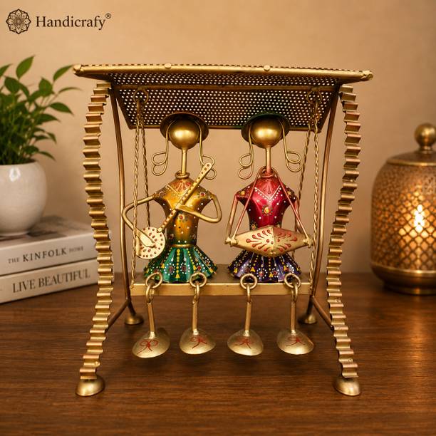 Handicrafy Handmade Traditional Rajasthani Musician Couple on Swing Metal Showpiece Decorative Showpiece  -  23 cm