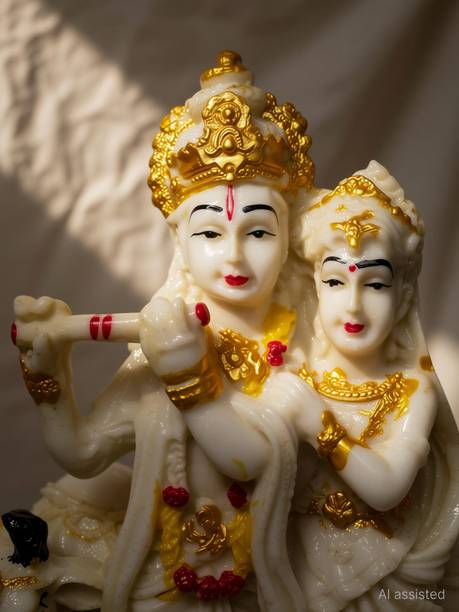 HUBZONES Antique Finish Lord Radha Krishna Love Couple Statue Hindu God Makhan chor Decorative Showpiece  -  23 cm