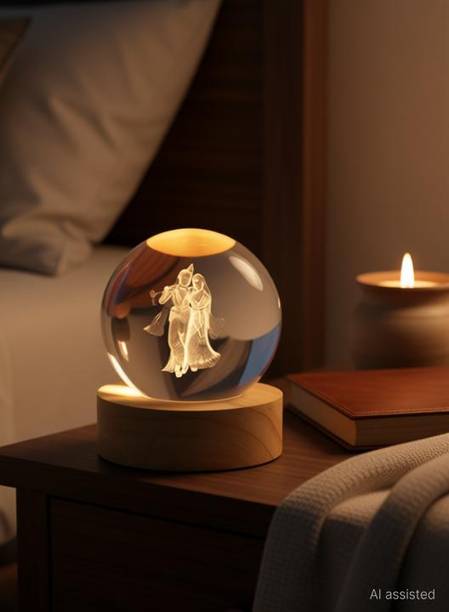 ZencraftWorks 3D Crystal Radha Krishna Lamp with Wooden LED Base Decorative Showpiece  -  7 cm