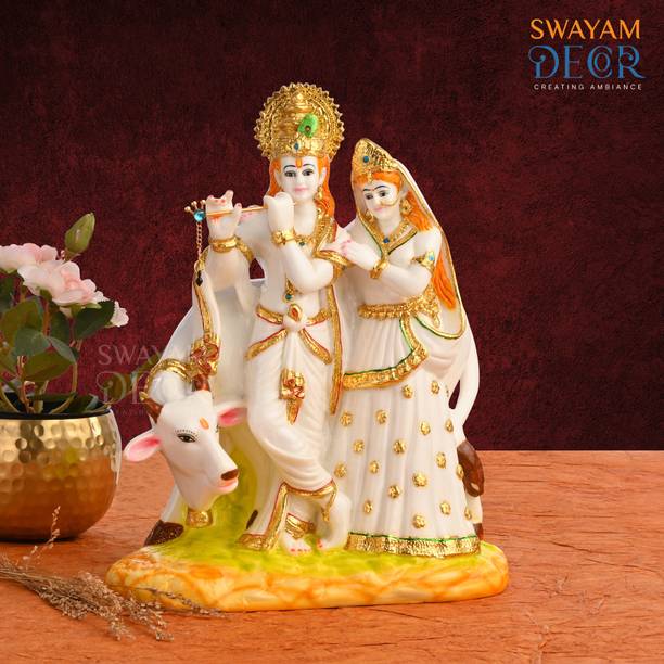 SWAYAM DÉCOR Polyresin Marble Radha Krishna Cow Idol -11 Inch (Gold & White)) Decorative Showpiece  -  28 cm