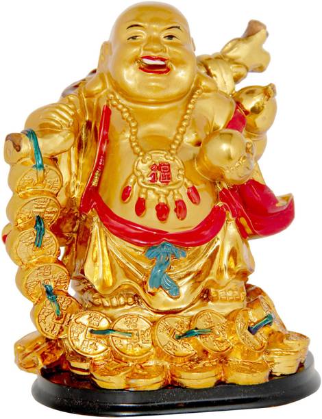 Feng Shui Art Vastu / Laughing Buddha with Coin Chain For Wealth And Happyness Decorative Showpiece  -  13 cm
