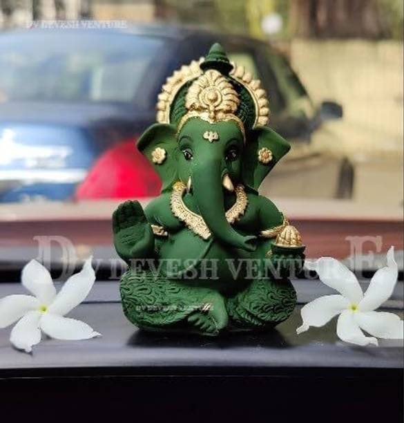 DV Devesh Venture Shri Ganesh murti in green colour golden mukut Ganpati Idol For Car Dashboard Decorative Showpiece  -  9 cm