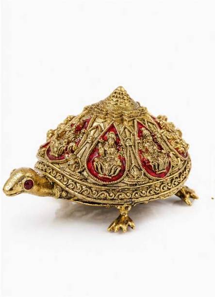 METALSMANTRA Luxury Brass Feng Shui Tortoise with Sri Yantra and Ashta Lakshmi Engravings Decorative Showpiece  -  3 cm