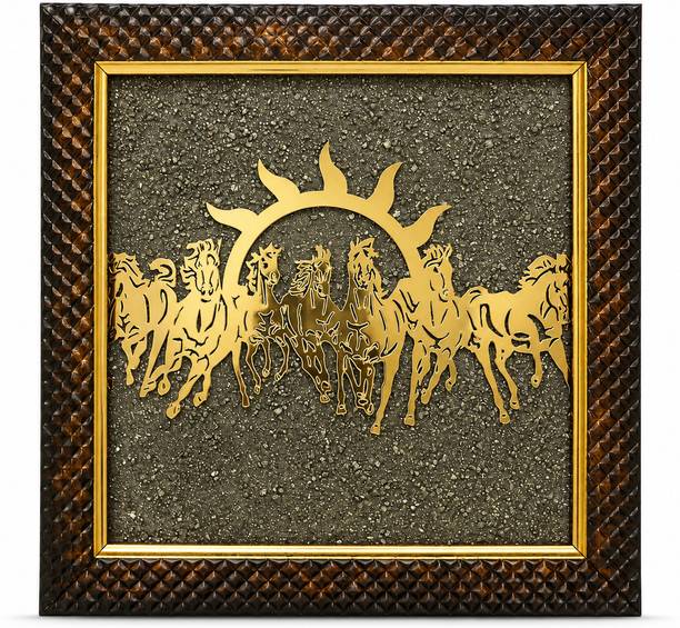 VRINDAM VRINDAM Natural Pyrite Stone Frame with Vastu Seven Running Horses & Rising Sun Decorative Showpiece  -  18.5 cm