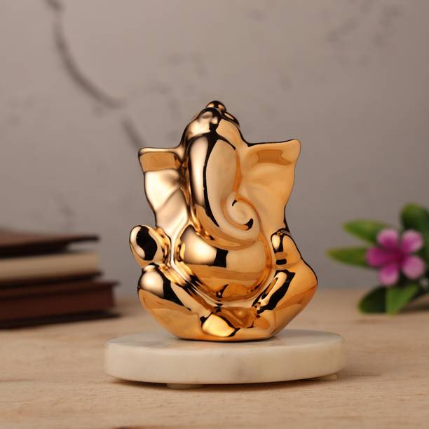 sculpmart Ceramic Ganesha Idol For Pooja Mandir And Car Dashboard For Luck And Prosperity Decorative Showpiece  -  7 cm