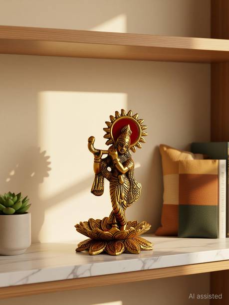 SP Handicrafts Orginal Gold Spiritual Metal Lord Krishna Idol | Krishna Idols for Home Decor Pooja | Gold Plated Flute Playing Krishna Idol Showpiece | Hindu God Religious Krishan Statue Decorative Showpiece  -  16 cm