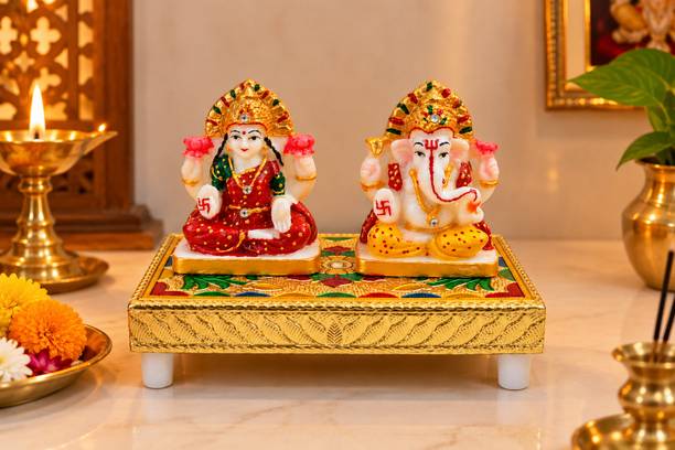 SVGG DECORS Premium Lakshmi Ganesh Idol Set with Pooja Chowki Diwali Decor Puja Showpiece Decorative Showpiece  -  9.7 cm