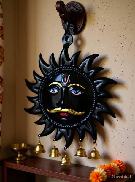 SalvusEstore Metal Black Sun Idol & Nazar Battu: Harness Positive Energy, Ward Off Evil Eye Decorative Showpiece  -  17 cm