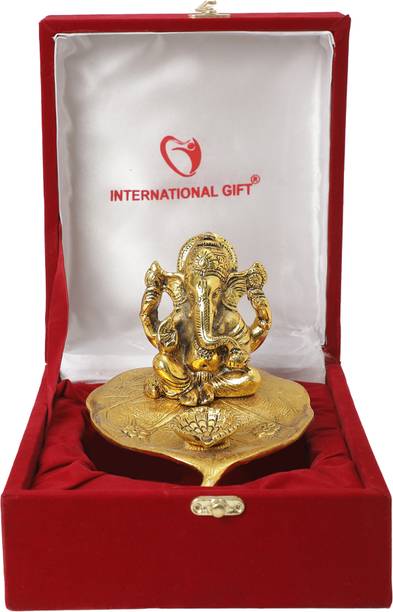 INTERNATIONAL GIFT Gold Leaf Ganesh With Diya God Idol Statue Oxidized Finish With Luxury Velvet Box Packing And Beautiful Carry Bag Showpiece For Home Décor Decorative Showpiece  -  12 cm
