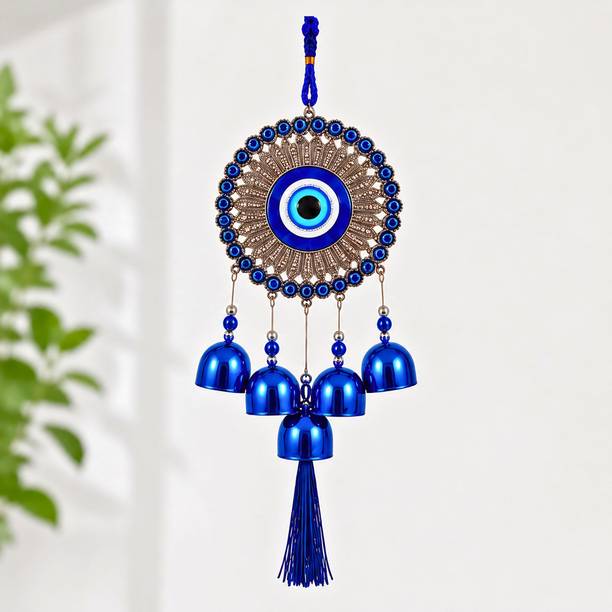 ZORIELS Zoriels Metal Evil Eye Wind Chime Nazar Battu Wall Hanging Blue Decorative Showpiece  -  35 cm