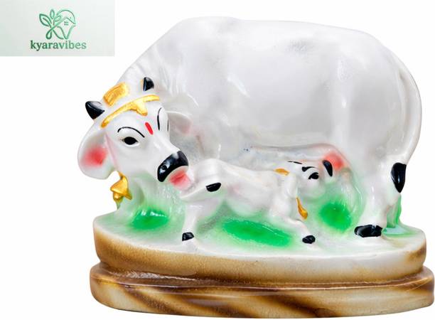 KYARAVIBES Polyresin Cow & Calf Showpiece | Kamdhenu Idol for Home Decoration6 Decorative Showpiece  -  7 cm