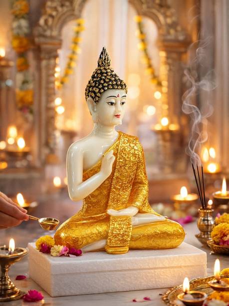 Mantika Golden Sitting Buddha Idol for Home, Shelf & Spiritual Decor Decorative Showpiece  -  13 cm