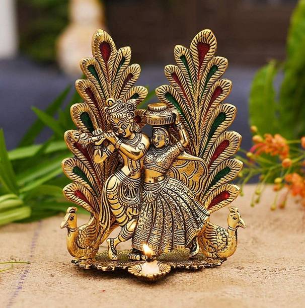 PAXIVKA Radha Krishna Idol Statue with Diya Peacock Design Decorative Showpiece - 20.3 cm