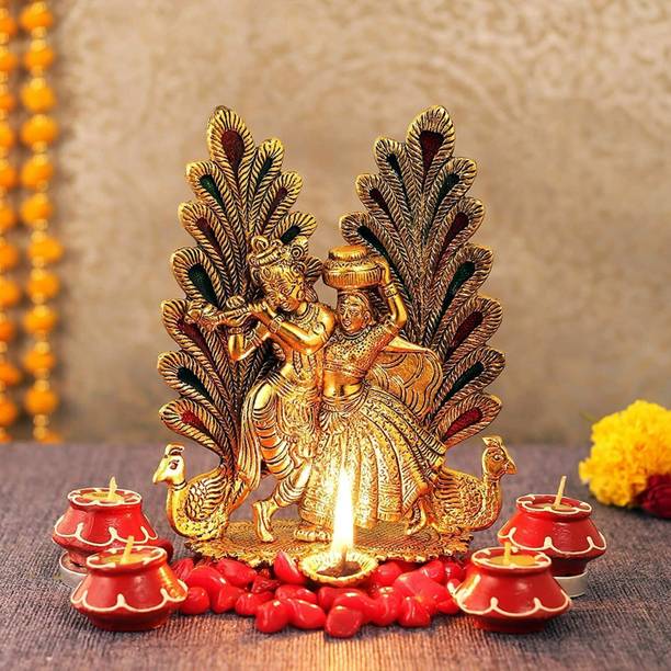 Solino Metal Radha Krishna Idol Statue with Diya Peacock Decorative Showpiece  -  20 cm