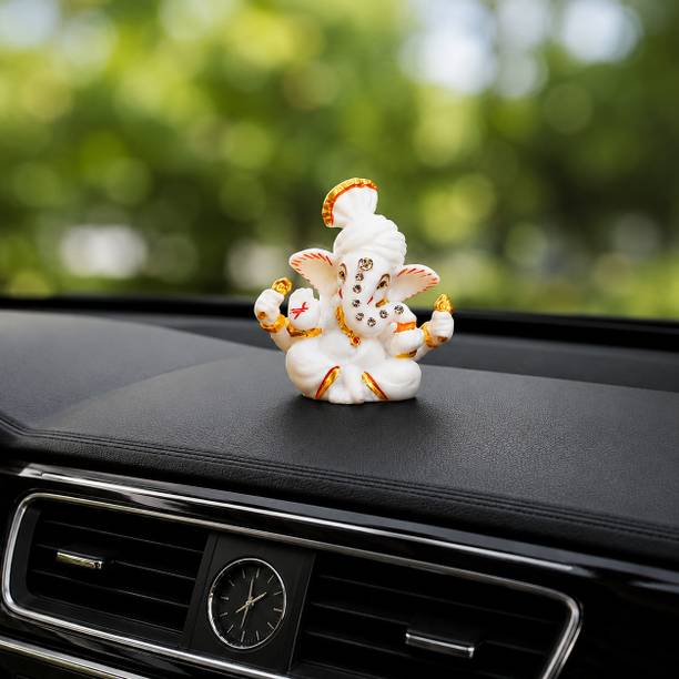 Tendyzonal Premium White Marble Ganesha Car Dashboard Idol Decorative Showpiece  -  6 cm