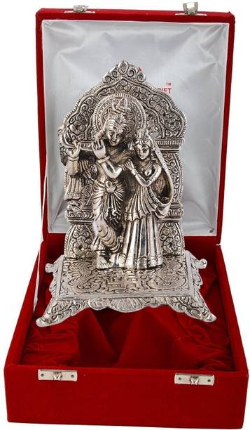 INTERNATIONAL GIFT Silver-Plated Radha Krishna Idol With Box & Bag | Perfect For Pooja, Gifting Decorative Showpiece  -  8 cm
