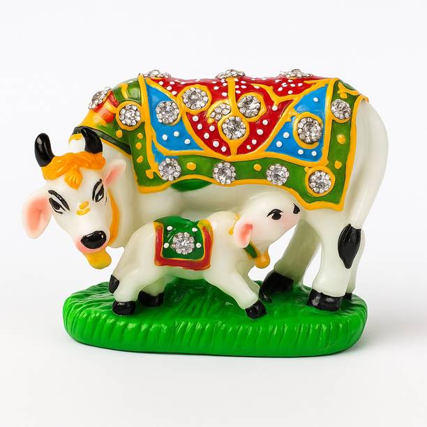 DivineCraftedArt Kamdhenu Cow & Calf Idol डेकोरेटिव शोपीस - 5 cm