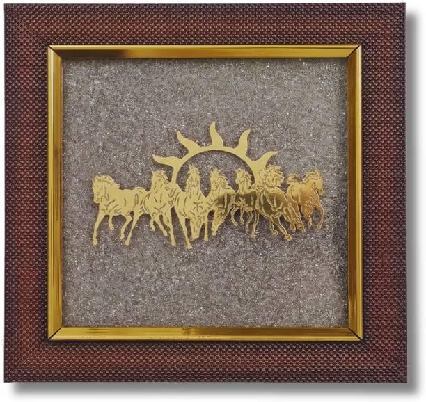 jhar art and craft 7 Running Horses with Rising Sun on Raw Natural Pyrite Dust Vastu, Feng Shui Decorative Showpiece  -  19 cm