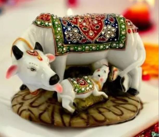 Jiya Crafts Decorative Marble Cow and Calf Big Statue I Good Luck Gift Items Decorative Showpiece  -  13 cm