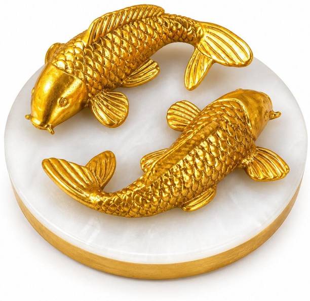 Shopertuniti Handcrafted Selenite Plate with 2 Golden Koi Fish | Home Decor Figurine Decorative Showpiece  -  2 cm