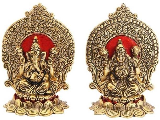 anil job works Lakshmi Ganesh Idol in Metal with Beautiful Carving Around it Seated on Lotus for Diwali Pooja and Gift Purpose Decorative Showpiece  -  15.9 cm