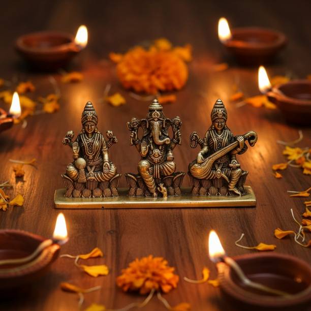 Elanora Jewels Lakshmi Ganesh Saraswati Both Sided Metal Idol for Car Dashboard & Home Decor Decorative Showpiece  -  5 cm