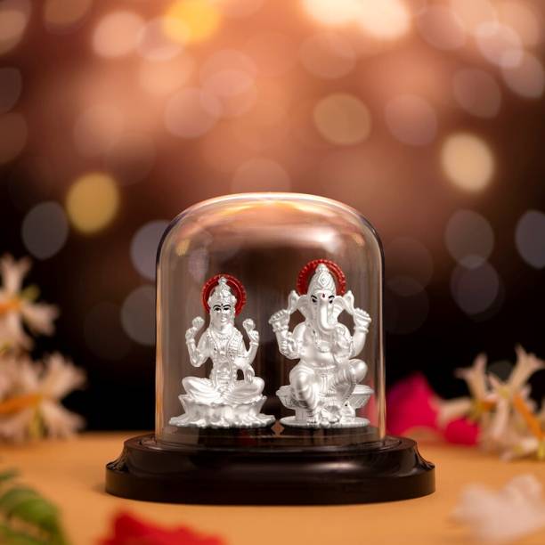 ZAVYA Radiant Harmony Rhodium-Plated 999 Sterling Silver Ganesh &amp; Lakshmi Ji Idol Decorative Showpiece  -  9.5 cm
