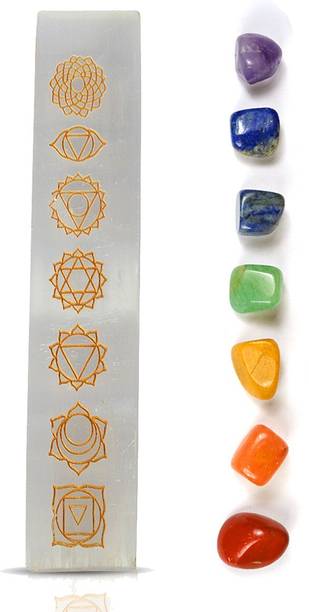 REIKI CRYSTAL PRODUCTS Natural 7 Chakra Tumble Kit with Selenite Crystal Stone Charging Scale Decorative Showpiece  -  7 cm
