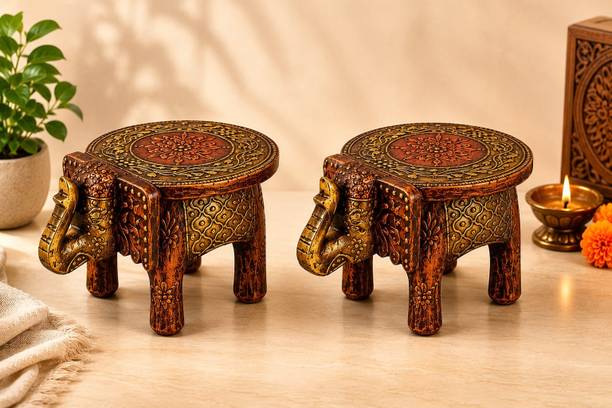 Handicrafts LKH 0027 wooden elephant stool with brass combo Decorative Showpiece  -  10 cm