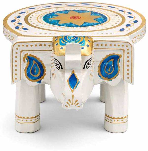 LoveKush Handcrafted White Blue Gold Elephant Chowki Stool Pooja Showpiece Decorative Showpiece  -  10 cm