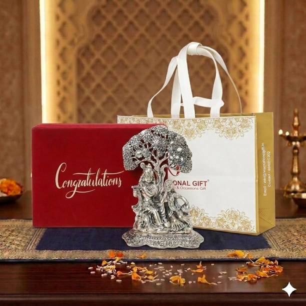 Flipkart SmartBuy Silver Finish Radha Krishna Classic Idol in velvet Box & Congratulations Tag Decorative Showpiece  -  26 cm