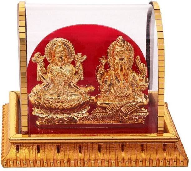 INTERNATIONAL GIFT Gold Plated Laxmi Ganesh Idol In Acrylic Box | For Pooja, Car Dashboard Decorative Showpiece  -  8 cm