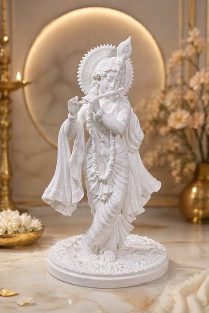 DDan Lord Krishna Pure White Idol – Elegant Spiritual Décor Statue (12 cm) Decorative Showpiece  -  12 cm