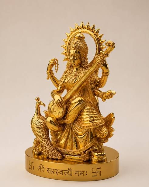 KARUNAMAYI VENTURES Golden Maa Saraswati Idol Statue for Home Temple Decorative Showpiece  -  10 cm