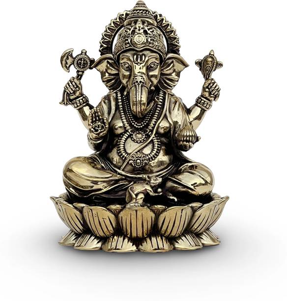 VIYURA Brass Lord Ganesha Idol on Lotus Base | 4.5 Inch | Home Temple & Office Decor Decorative Showpiece  -  11.43 cm