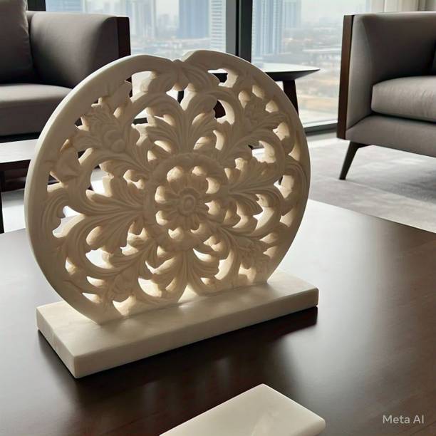 AKCMARBLEART Elegant White Marble Decorative Art Piece with Intricate Floral Carvings Decorative Showpiece - 38.1 cm