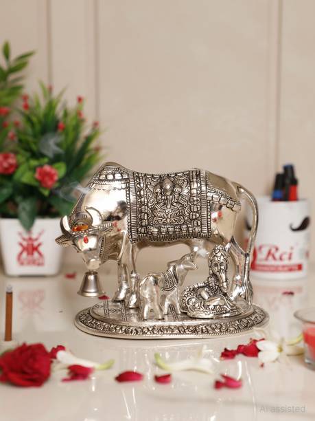 KridayKraft Metal Cow,calf with Krishna On Base Silver Plated Showpiece Decorative for Home, Office & Table.Exclusive Gifts for corporate gift,Birthday gift,Diwali Gift,wedding gifts.. Decorative Showpiece - 17 cm