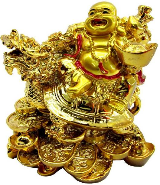 FOBHIYA Feng Shui Laughing Buddha Sitting On Dragon for Health, Wealth and Happiness, Good Luck Decorative Showpiece for Good Fortune, Success & Prosperity (Polyresin, Gold) Decorative Showpiece  -  7.5 cm